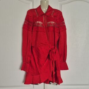 Self-Portrait Vibrant Red Trimmed Lace Wrapped Fabric Midi Dress